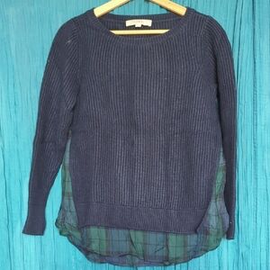 LOFT Navy Blue Crew Neck Sweater With Plaid Cutouts, Size S